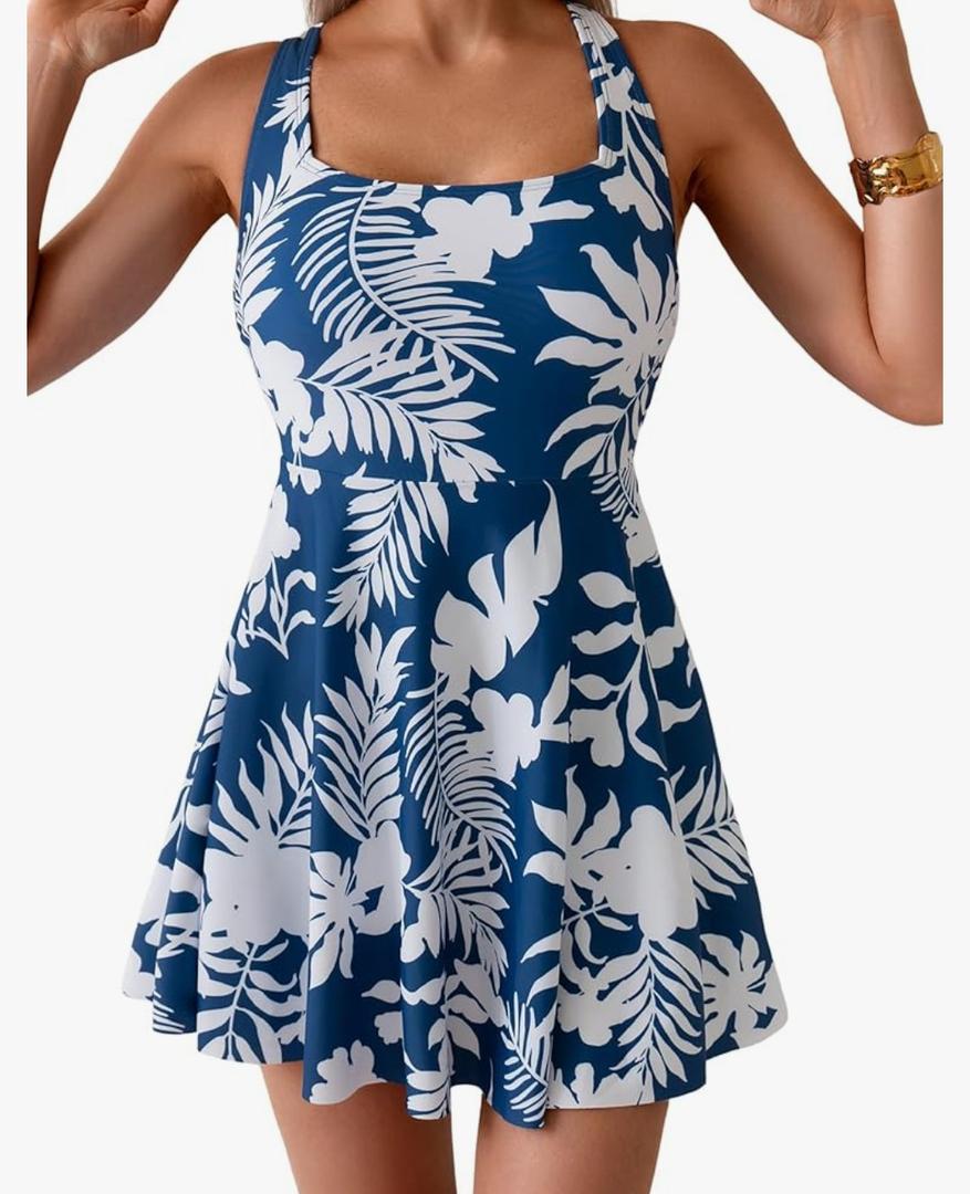 B2prity Women's One Piece Swimdress Swimsuit Tummy Control Swim Dress Modest Full Coverage Bathing Suit with Side Pocket M