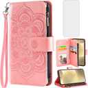 Asuwish Phone Case for Samsung Galaxy S24 5G Wallet Cover with Tempered Glass Screen Protector and Flower Leather Flip Credit Card Holder Stand Cell Accessories S 24 24S GS24 G5 Women Men Rose Gold