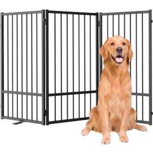 SNUOWU Full Metal Freestanding Dog Gate with Door, 36''Height Foldable Pet Dog Fence for Indoor & Outdoor, 3 Panels Extra Wide Free Standing TallDog Gates for Doorways,House,Stairs,Porch,Deck,Yard