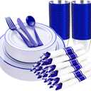 WELLIFE 210 Piece Blue Disposable Dinnerware Set,Plastic Plates for Party, Include: 30 Dinner Plates, 30 Dessert Plates, 30 Pre Rolled Napkins with Gold Silverware and 30 Gold Cups