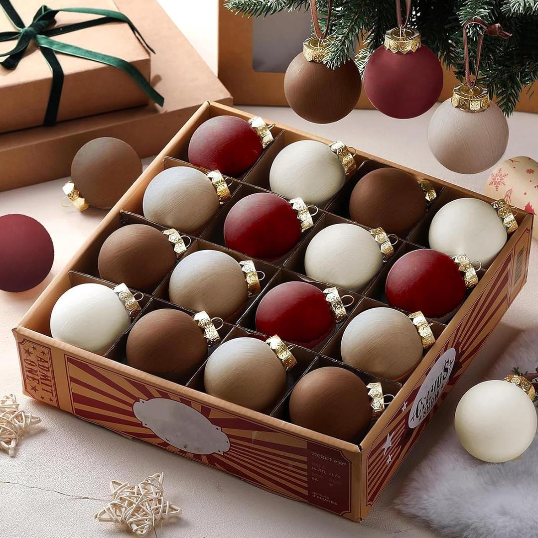 24 Pcs Neutral Matte Christmas Ball Ornaments 2.4 Inch Rustic Boho Burgundy Brown Camel Cream Xmas Bulbs Ornament Vintage Xmas Baubles Modern Christmas Decor for Tree Farmhouse Decor, 2.4 Inch, Burgundy, Brown, Camel, Cream, 24