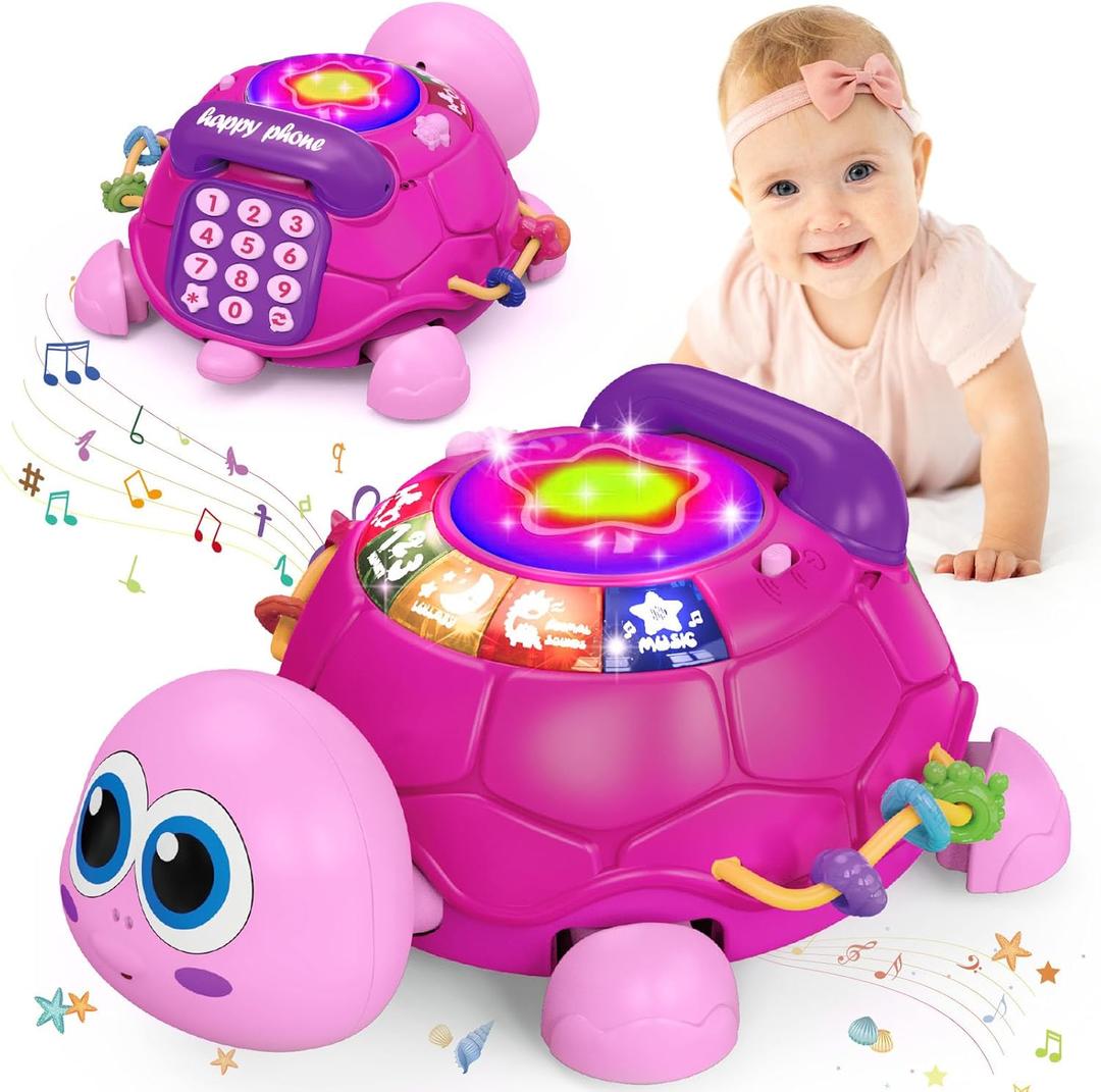 Musical Turtle Baby Toys 6 to 12 Month,Infant Light-up Musical Tummy Time Toy with Phone,Baby Crawling Toys for 7 8 9 12 Months Old,Easter Birthday Girl Gift for 3 4 5 Month+(Pink)