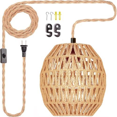 Maliralt Hanging Lamps Rattan Pendant Light Hanging Lights 16.4ft Plug in Cord Pendant Light Fixture Plug Into Wall Outlet Pendant Lighting with On Off Switch for Bedroom Living (Egg Shade)