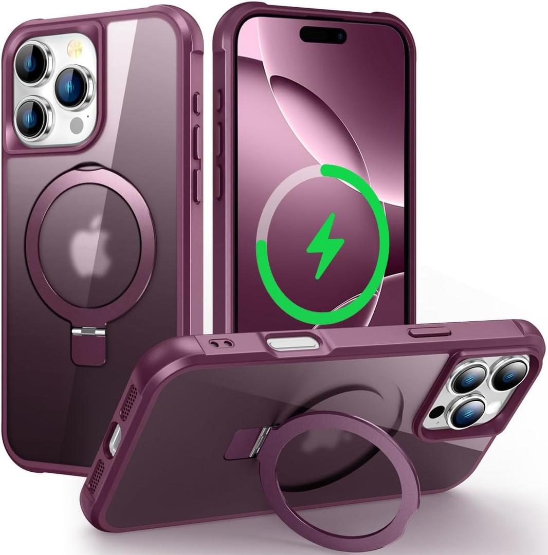 CHAOFEnG Magnetic Compatible with iPhone 16 Pro Max Case with Stand [Military Grade Drop Tested][Compatible with Magnet] Ring Translucent Slim Hard Back Soft Edge, Wine Red