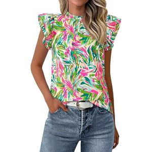 PRETTYGARDEN Women's Ruffle Short Sleeve Summer Tops Boho Floral Blouses | Trim Neck, Cute Flowy Tank Tops Trendy, Casual Dressy, Hawaiian Shirt, Chiffon Blouses, Teacher Outfits, XL