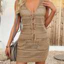 Saodimallsu Womens Crochet Swim Cover Up 2 Piece V Neck Sleeveless Front Tie Crop Tops Beach Mini Skirt Coverup Set (Brown)