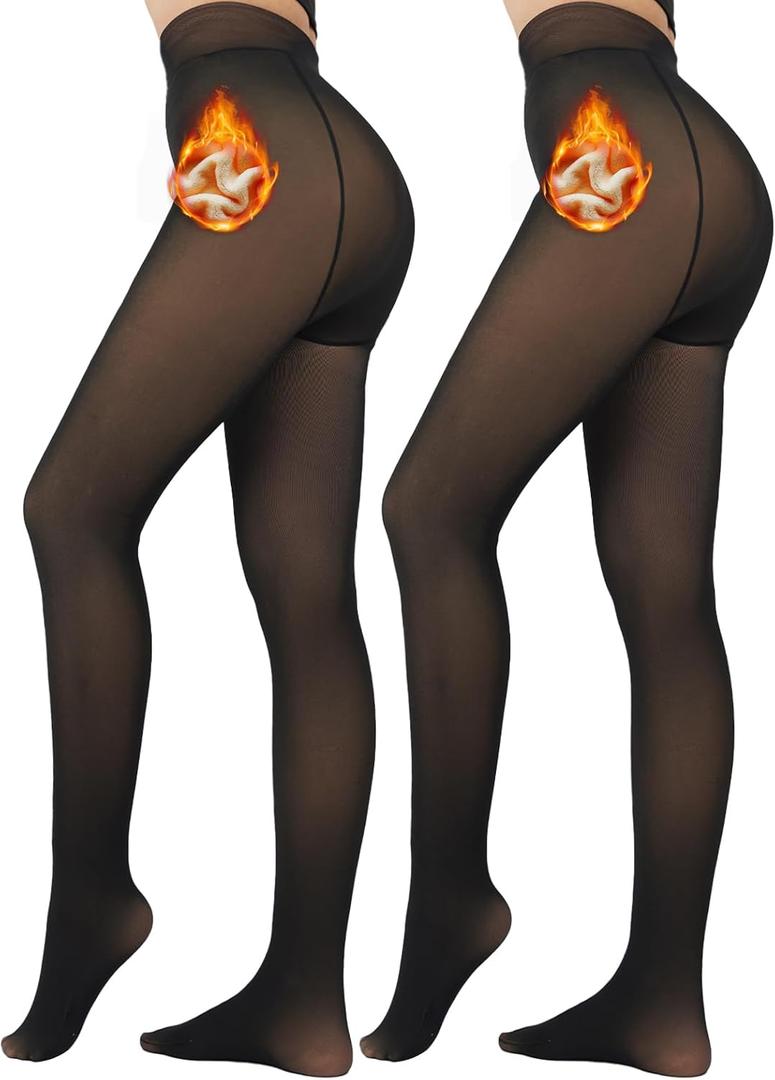 2 Pack Fleece Lined Tights Sheer Winter - Fake Translucent Tights Winter Thick Warm Pantyhose Sheer Women Leggings (Medium, Black+black)