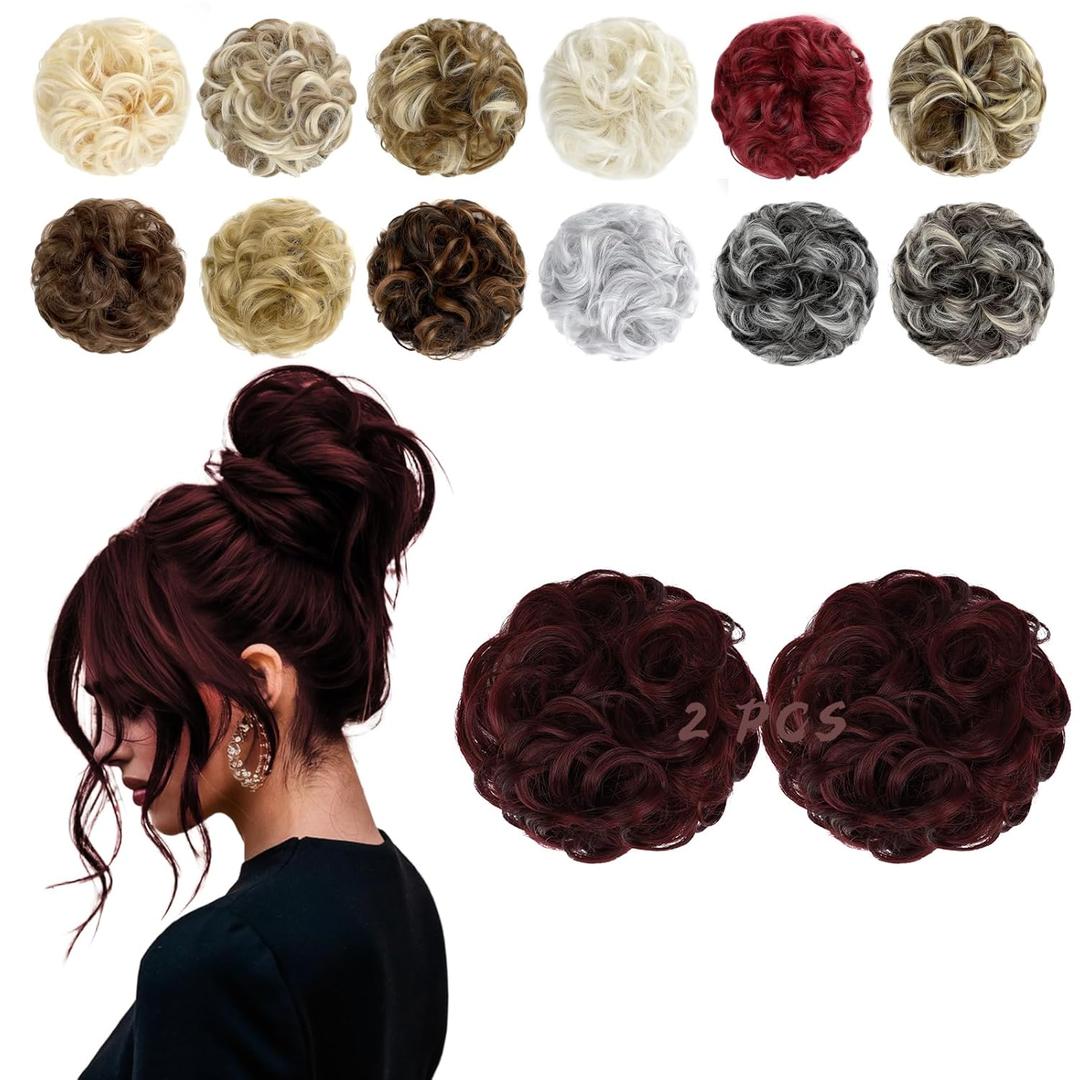 2 PCS Messy Bun Hair Piece Wavy Curly Hair Bun Scrunchies Extensions Synthetic Chignon Thick Updo Hairpieces for Women GirlsGrape Red