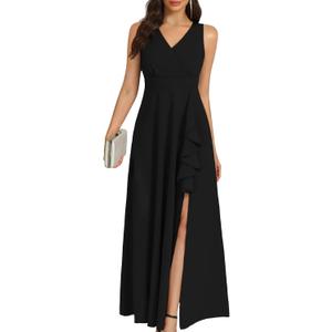 COOAN Women's Black Long Formal Dresses Cocktail Wedding Guest Dress Ruffle Split Elegant V Neck Party Gowns (Black, XL)