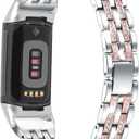 Bling Bands Compatible with Fitbit Charge 6/Charge 5, Metal Bracelet Luxurious Rhinestone Replacement Wristband for Women, Silver Black Gold