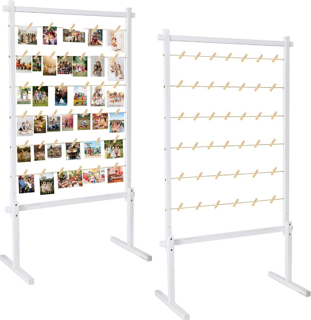 Collage Picture Frame,Photo Display Board with Clips,Wood Pictures Photos Frames With Stand for Wedding Graduation Party Birthday Greeting Letter Christmas Cards Holder Organizer,2PCS,53",White, Standing 2PCS