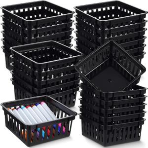 Tatuo 24 Pcs Classroom Small Plastic Baskets Bulk Storage Baskets for Organizing Crayon Pencil Containers Organizer Bins for Back to School Gift Office Desk Drawer Home, 5.31 x 5.31 x 2.44 Inch(Black)