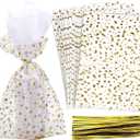 100 Pcs Star Printed 4"X 9" Gift Wrap Cello Cellophane Treat Bags Party Favor bags Clear Candy Cookie Bags Plastic Poly Goodie Storage Bags with Twist Ties for Bakery,Birthday, Wedding ,Party Decorations (Gold)