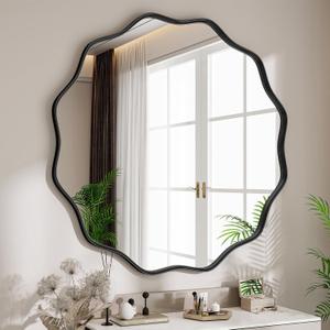 Round Wavy Mirror, 30 Inch Metal Frame Circle Mirror, Round Wall Mounted for Entryway, Bathroom, Vanity, Living Room, Black (30"L x 30"W)