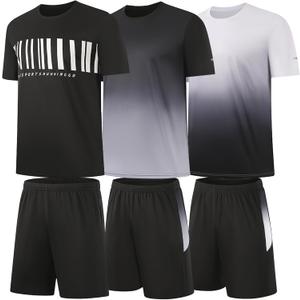 BUYJYA 3 Pack Men's Gym Shorts Shirt Set Workout Athletic Basketball Running Football Elastic Waist with Pocket Gifts (Large, Black-white-grey)