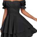 LYANER Women's Tie Back Off Shoulder Wrap Layer Ruffle A Line Short Sleeve Casual Mini Dress (Black) XL