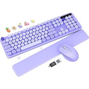 Wireless Keyboard and Mouse Combo - Cute Typewriter Keyboard with Detachable Wrist Rest, Retro Round Keycaps, Foldable Legs, 2.4GHz Full-Size Keyboard for PC, Laptop, Mac, Windows - Trueque (Purple) Wireless Keyboard and Mouse Combo - Cute Typewriter Keyboard with Detachable Wrist Rest, Retro Round Keycaps, Foldable Legs, 2.4GHz Full-Size Keyboard for PC, Laptop, Mac, Windows - Trueque (Purple)