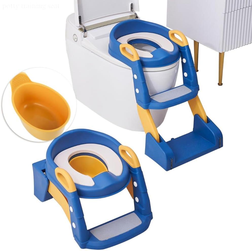 3 in 1 Toddler Potty Training Seat Chair with Ladder and Basin for Boys and Girls, Adjustable Kids Potty Training Seat for Toilet with Anti-Slip Wide Steps and Safety Handles (Blue)