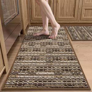Kitchen Rugs Sets of 2-Non Slip Kitchen Mats for Floor-Thick Stain Resistant Vintage Kitchen Floor Mat Runner Carpet for Hallways Entryway Laundry Room Washable Brown 20"x47"+20"x32"