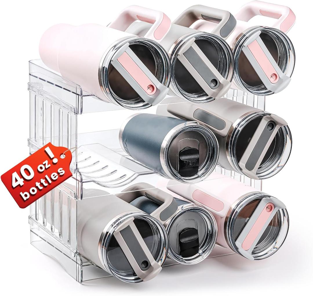 Water Bottle Organizer Holder for Stanley Cup Accessories, Fridge Kitchen Cabinet Organizer and Storage for Meoky 40 oz Tumbler with Handle, Stackable Plastic Travel Mug Cup Rack Gifts, 3Pack