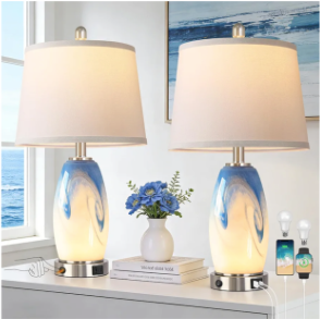 Coastal Glass Table Lamp Set of 2 with 7 Lighting Modes, 3-Color Temperature Modern Nightstand Lamp with USB A+C Port, Blue-White Nautical Bedside Lamp for Living Room Bedroom(LED Bulbs Included)