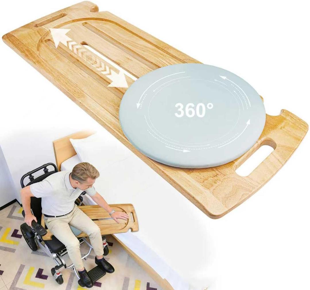Slide Transfer Board with Track Pulley & 360 Turntable, Heavy-Duty Sliding Board, 500 lb Capacity, Wooden Transfer Aid for Seniors & Disabled, Bed, Wheelchair, Car & Toilet, 31.5 x 11 x 1 in