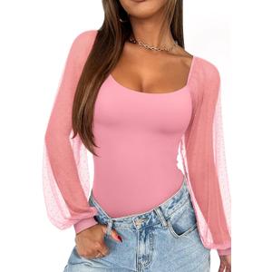 REORIA Women's 2025 Fall Casual Mesh Long Sleeve Square Neck Tops Trendy Cute Dressy Slim Fit Going Out T-Shirts (Pink, L)