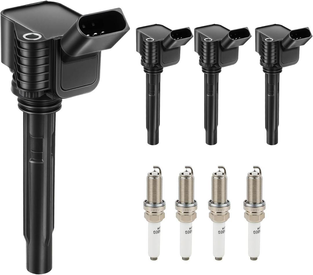 Ignition Coil Pack and Iridium Spark Plugs Set of 4 Compatible with Volkswagen VW Audi L4 2.0L 1.8L Jetta Passat Beetle Tiguan GTI Golf A3 A4 S3 Q3 Q5 Q7 2013 2014 2015 2016 2017 2018 2019 UF716 95125