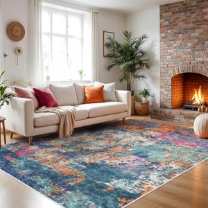 RUUGME 8x10 Abstract Washable Rug - Living Room Bedroom Large Area Rug Indoor Farmhouse Stain Resistant Carpet Non-Slip Machine Washable Distressed Soft Room Decor 8x10 Colorful/Multi