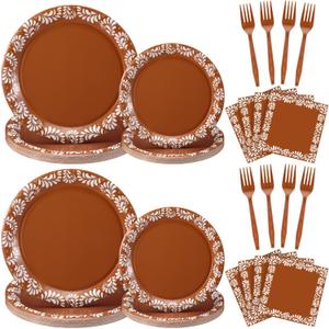 96 Pcs Cielito Lindo Party Decoration Platos De Barro Mexicanos Fiesta Paper Plates Mexican Napkins Forks Tableware Set Weeding Christmas Baby Shower Supplies, Serve 24(Brown,Floral)