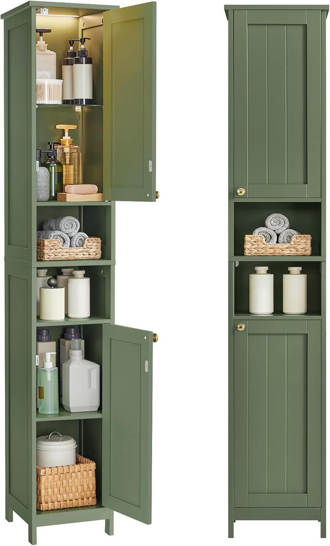 VASAGLE Tall Bathroom Cabinet with Lights, Slim Freestanding Bathroom Storage Cabinet with Adjustable Shelves, for Small Spaces, Modern, 11.8 Inches Wide, Forest Green UBBC566C01 (11.8"W)