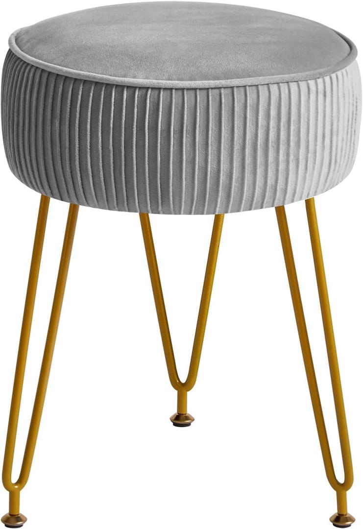 IBUYKE Velvet Round Footrest Ottoman, Makeup Vanity Stool Side Table, Dressing Table Seat, Pouf Couch Stool, Golden Steel Legs, Gray LG-30G (without storage, Grey)