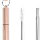 Collapsible Metal Straws, Travel Drinking Straws with Case, Keychain and Cleaning Brushes, Cruise Essentials（2 Pack, Rose Gold and Silver）