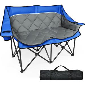 Double Camping Chair, Heavy Duty Folding Loveseat Camping Chairs, Blue, 57.5" W x 37.4" H x 21.6" L