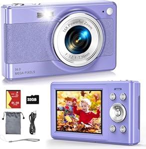 2025 New Digital Camera, 56MP FHD 1080P for Kids with 16x Digital Zoom Anti Shake, Face Detect, Smile Capture, 32GB TF Card, Battery, Lanyard, a Great Gift for Boys & Girls（Purple）