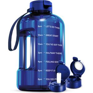 AQUAFIT 128 oz Water Bottle with Time Marker - Straw & Chug Lid - BPA Free 1 Gallon Gym Water Bottle with Handle - Big Gallon Jug (Blue, 128 Ounces)