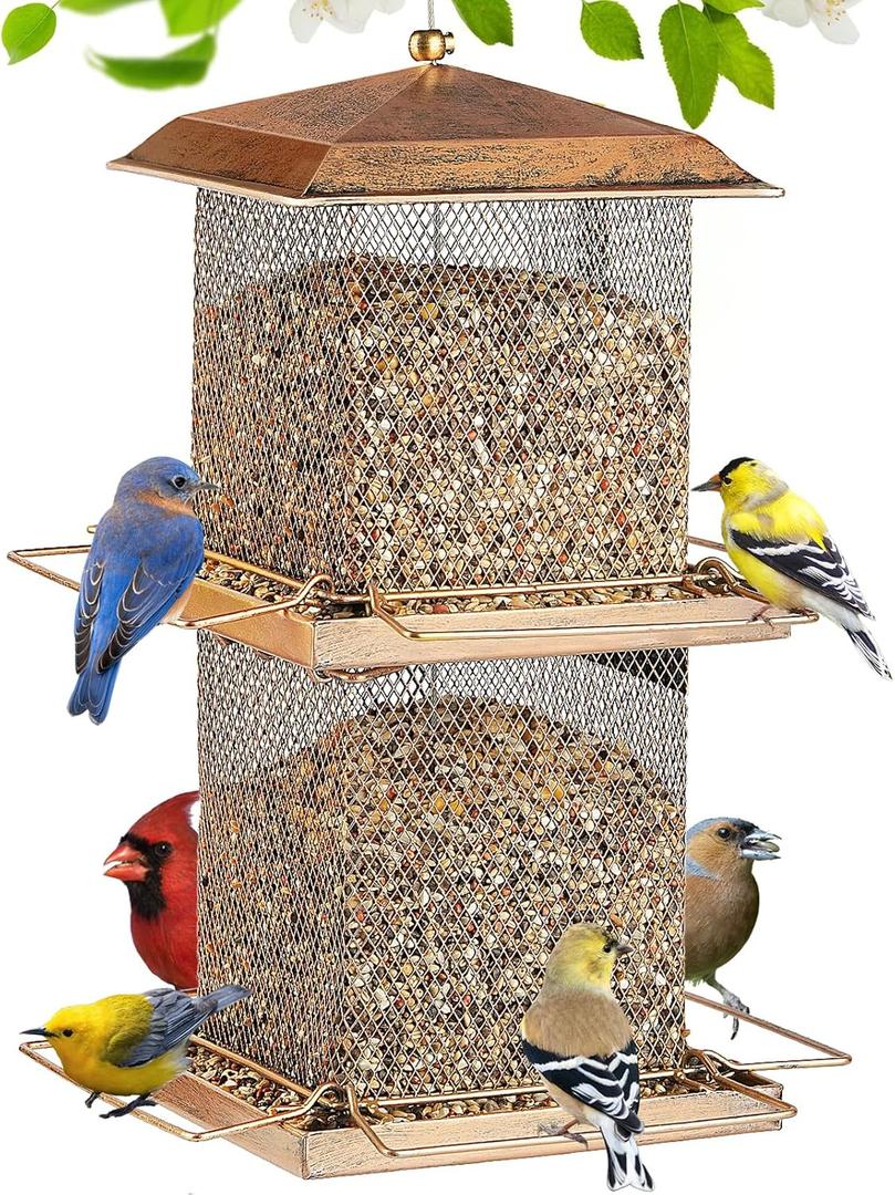 Large Bird Feeder, Double Tier Metal Bird Feeders for Outdoors, Square Tower Birdfeeder for Decorating Courtyard, Garden, Birds Watching, Gifts (Bronze)