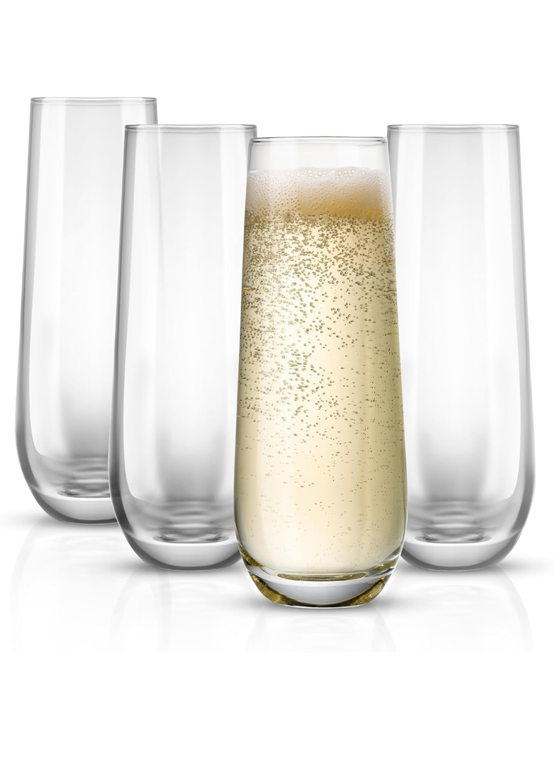KooK Stemless Glass Champagne Flutes, Cocktail Cups for Rose, 9.4 oz (Classic Set of 3) Prosecco, Mimosa, Great for Weddings and Parties, Dishwasher Safe, Missing One