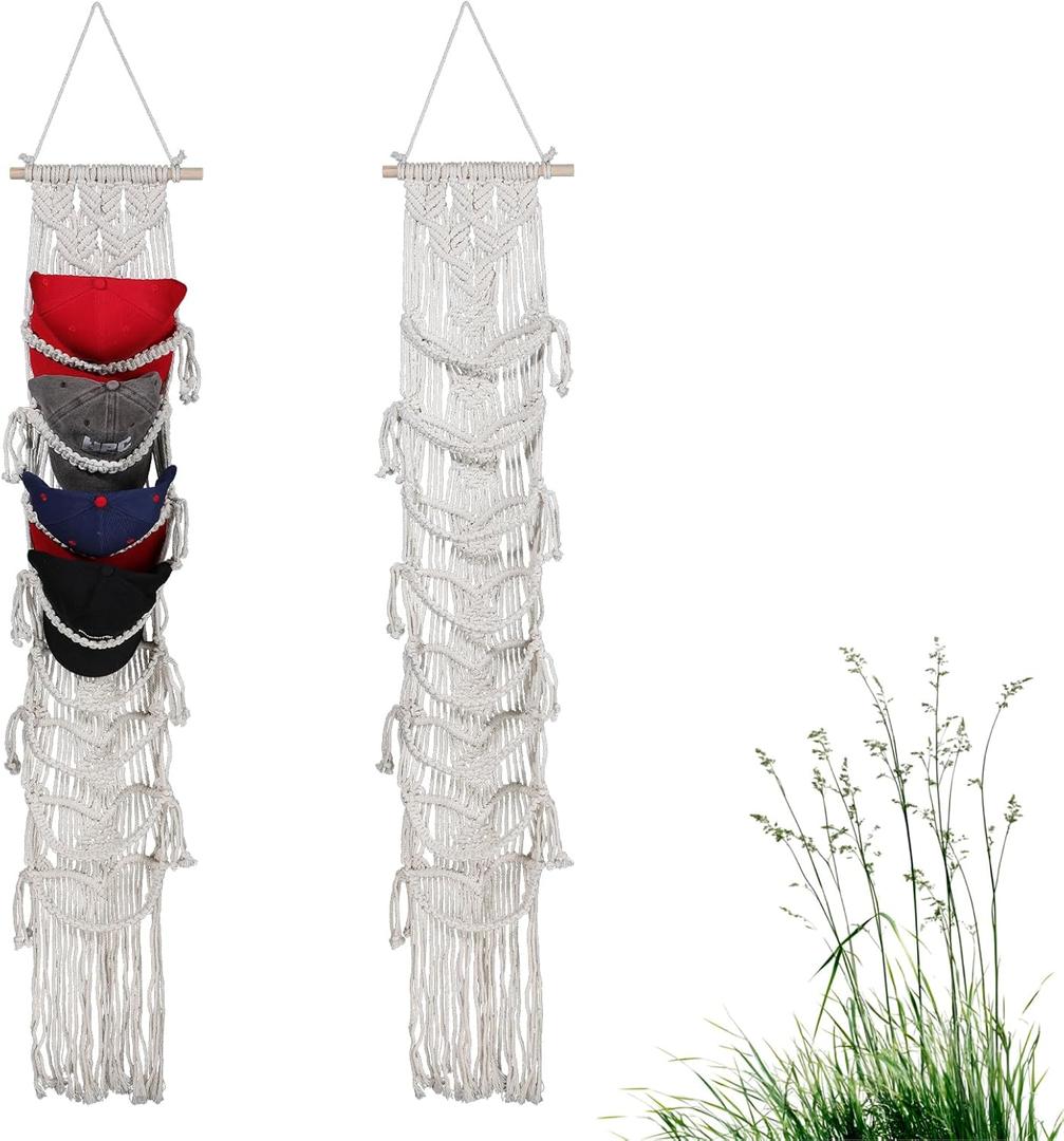 2 Pcs Macrame Wall Cap Holder, Boho Hat Organizer,Baseball Hats Rack for Wall Hanging Hat Holder, Caps Rack for Collection Display, Handmade Cap Hanger Storage Organizer for Bedroom Decorations