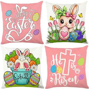 Easter Pillow Covers 18x18 Set of 4, Bunny Eggs Hello Peeps Bunny Hip HopTruck Throw Pillows Cases - Farmhouse Spring Decor Throw Pillow Cases for Sofa Couch Home Easter Decorations