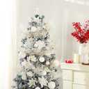 68 Pcs Christmas Tree Ornaments Set Glitter Shatterproof Xmas Tree Ball Ornament Poinsettia Flowers Wired Ribbon Berry Stem Topper Star Pine Needles for Christmas Home Decoration (Iridescent) (White)