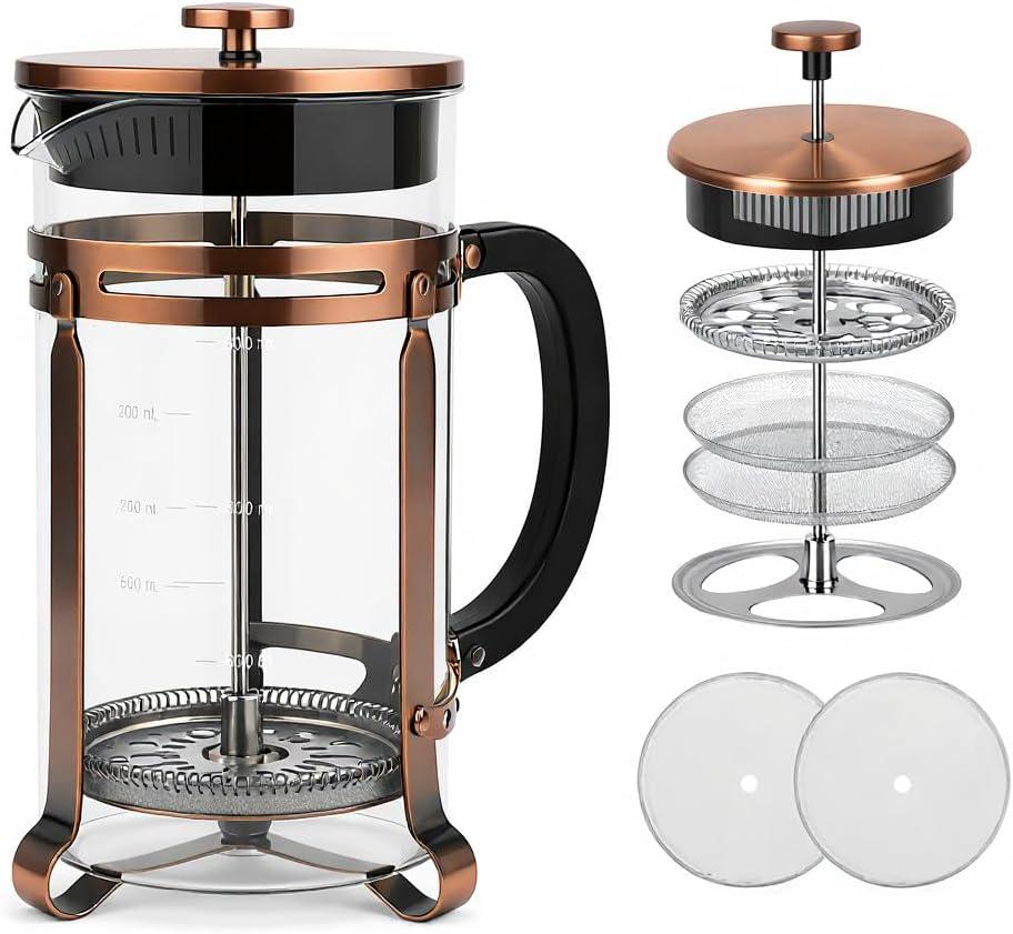 French Press Coffee Maker 21 oz, 304 Stainless Steel Double Mesh Filter, Borosilicate Glass, Heat-Resistant, BPA-Free, Ideal for Home, Office & Gift