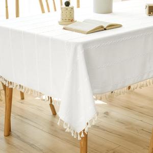 White Linen Tablecloth for Rectangle Table Farmhouse Boho Cotton Blend Table Cloth Embroidered with Tassel Kitchen Dining Room Wrinkle Free Rustic Oblong Table Cover for Birthday Party, 55x86 Inch