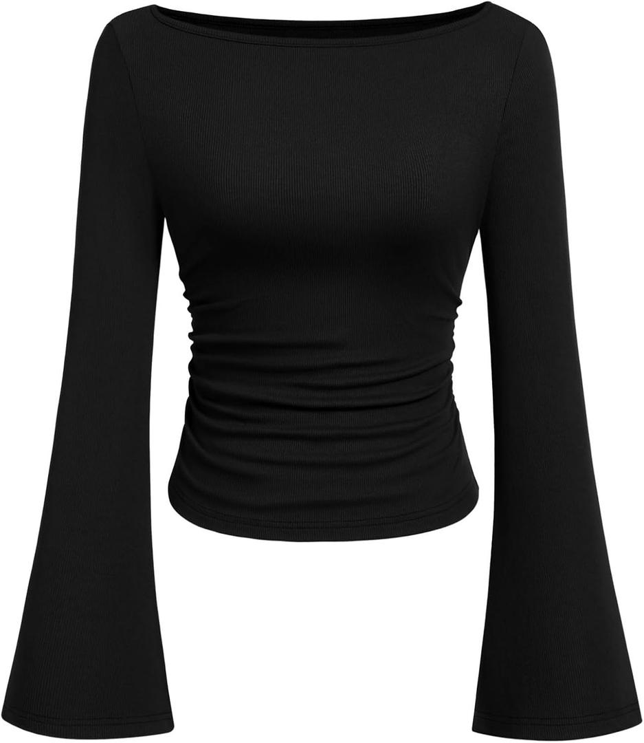PRETTYGARDEN Women's Long Sleeve Shirts 2025 Fall Crop Going Out Tops Casual Boat Neck Bell Sleeve Ribbed Ruched Y2K Clothes (Large, Black)
