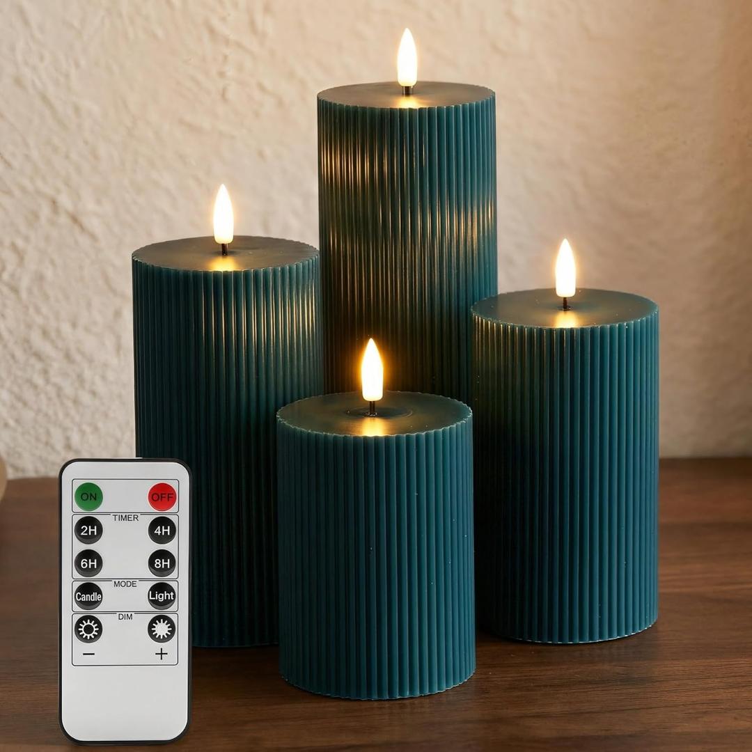 Green Ribbed Flameless Pillar Candles with Remote, Flat Top Flickering LED Wax Battery Candles Set of 4,  3" H 4" 5" 6" 8"