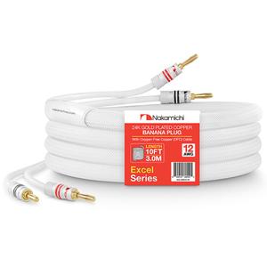 Nakamichi Excel Series 24k Gold Plated Banana Plug with (10 Feet) Speaker Cable Wire 99.9% OxygenFree Copper (OFC) Heavy Duty Braided inWall CL2 Rated  White (12AWG / 10ft / 3.0m) 2Pack