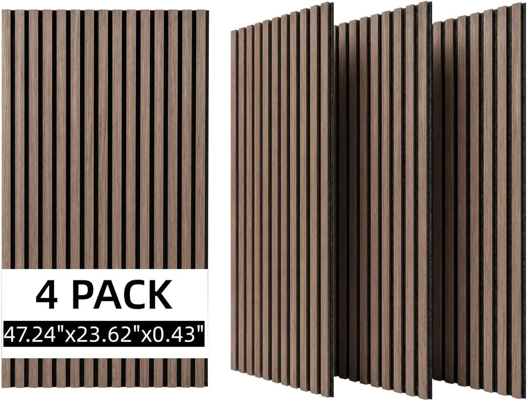 3D Wood Slat Acoustic Wall Panels, 4 Pack,Wall Decor (Walnut)
47.2'' X 23.6'', Sound absorption and noise reduction, Textured Interior Paneling, For Living Room, Bedroom, Office & Studio