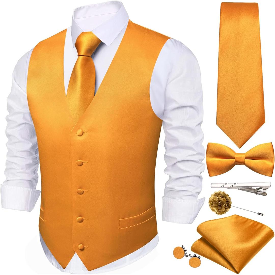 Men's Vest Tie Set Bow Tie Satin V-Neck Solid Colors Suit Waistcoat Cufflinks hanky Formal Wedding Business Tuxedo (Yellow)