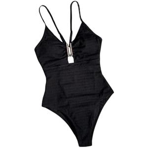 MakeMeChic Women's One Piece Swimsuit Ring Cut Out Criss Cross Tummy Control Bathing Suit, M, Black