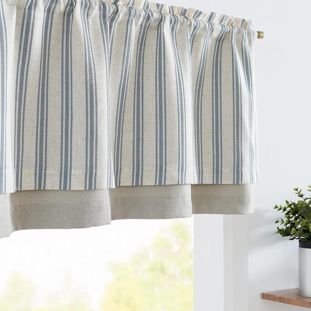 jinchan Striped Linen Valance Curtain Blackout Double Layer Valance for Windows 18 Inch Striped Print Farmhouse Rustic Window Treatment for Kitchen Living Room Bedroom 1 Panel Blue on Beige